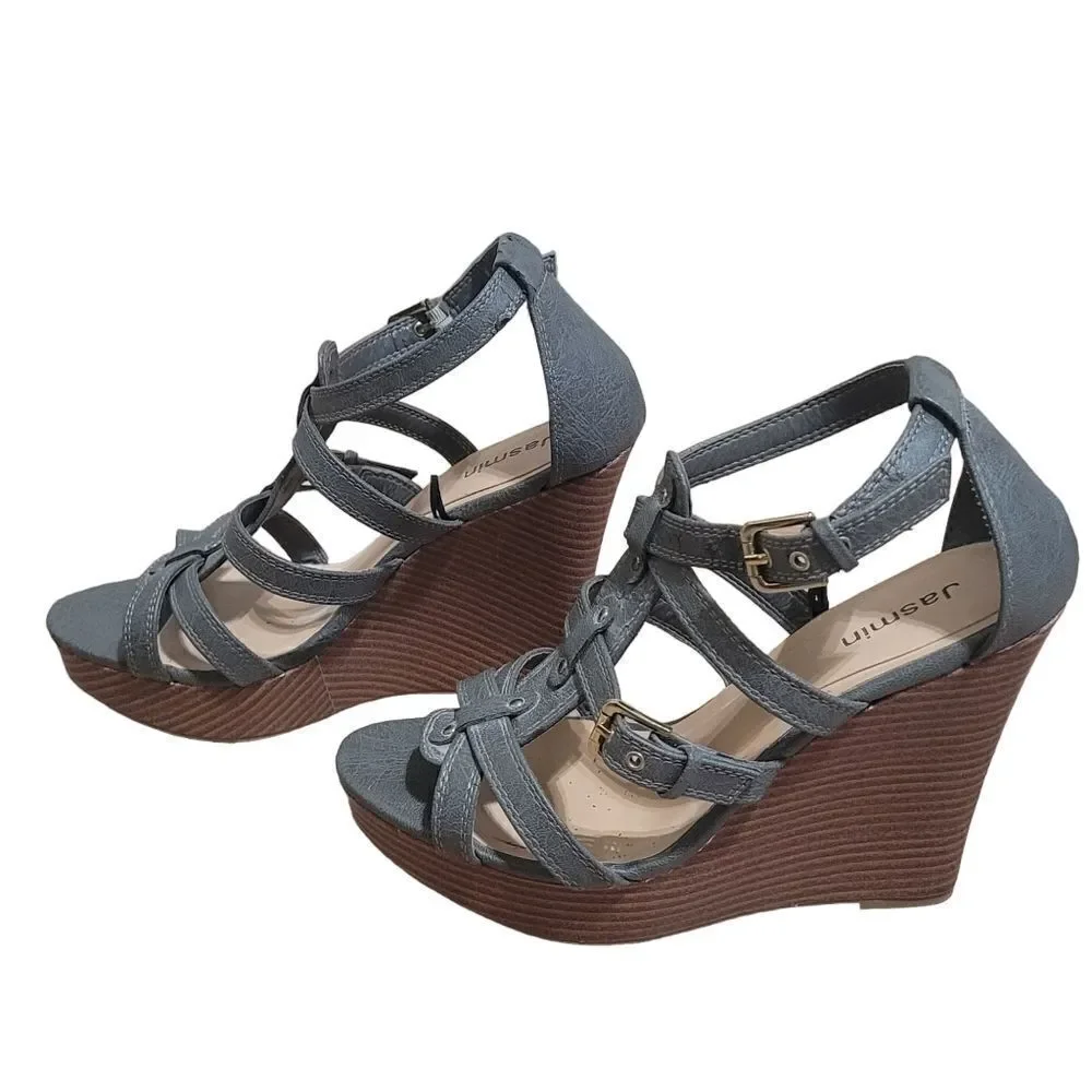 Grey Strappy Studded Wedge